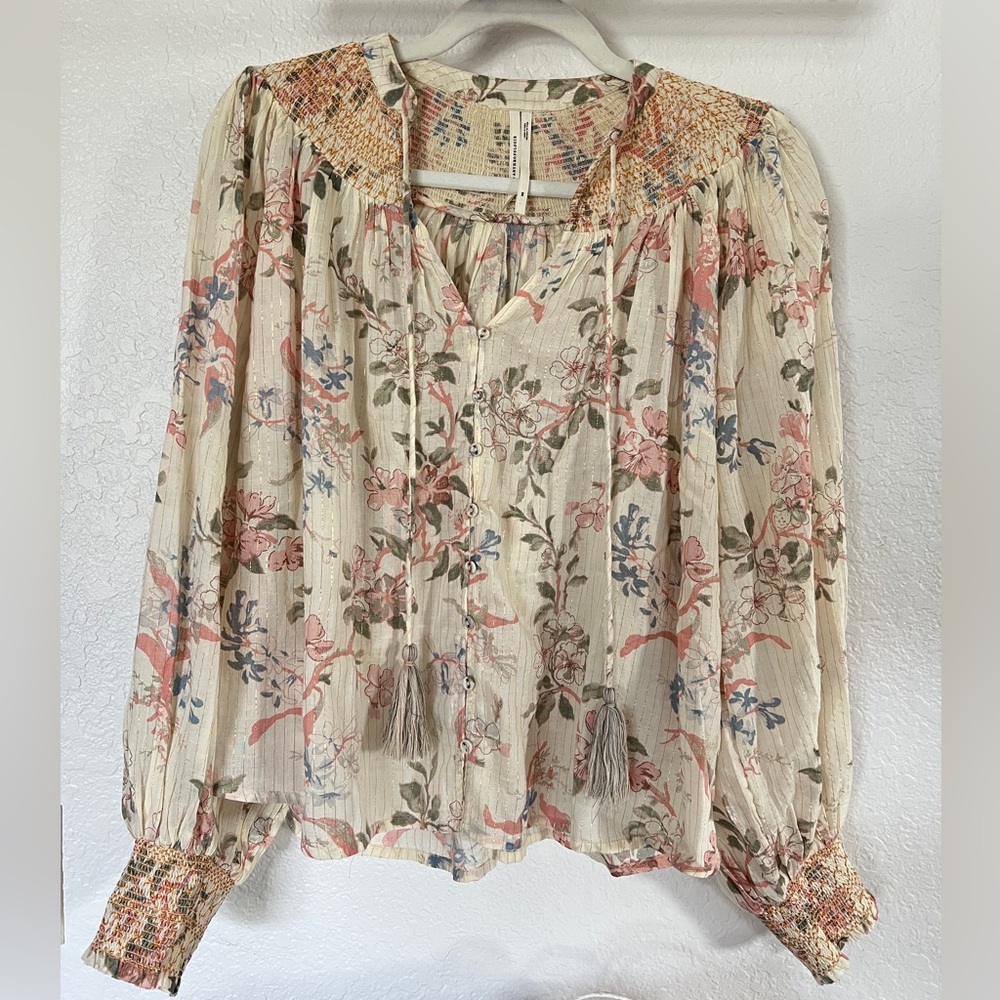 Anthropologie Floral Blouse - Cream and Pink